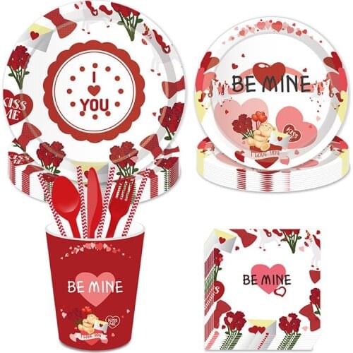 Red Disposable Tableware Set Wedding Party Paper Plate Cups Love for Valentines Day Anniversary Party Decoration Supplies