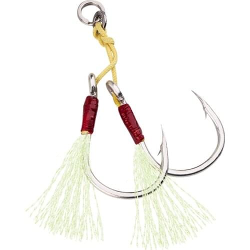 6pcs/Set Barbed High Carbon Steel Fishing Hooks Luminous Slow Jigging Hooks With Feather Strong Double Fishing Assist Hooks