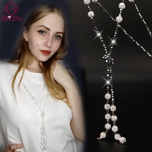 Europe and America Fashion Simple Strand Long Necklace Women Graceful Joker Crystal Beads Drill Ball Sweater Chain