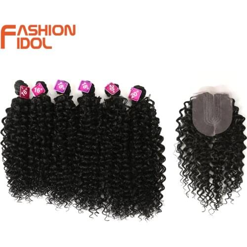 FASHION IDOL Afro Kinky Curly Hair Bundles With Closure 16-20 inch Synthetic Hair Weaves Ombre Brown Blonde Fake Hair Extensions