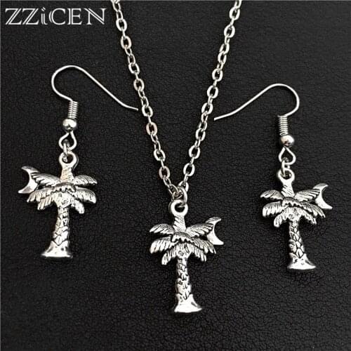 Fashion Tropical Coconut Plant Jewlery Sets for Women Antique Moon Coconut Palm Tree Pendant Necklace Drop Earrings Set