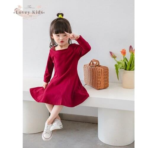 2020 Autumn Baby Girl Dress Sweet Princess Square Neck Long Sleeve Dresses A-line Solid Red White Pink Black Fall Clothes
