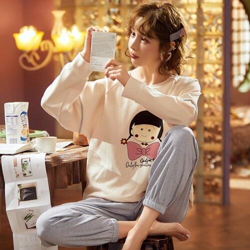 Spring fashion o neck pajama set women long sleeve cute cartoon sleepwear womens pyjamas sets cotton home clothes Pyjamas Femme