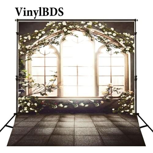 VinylBDS Indoor Wedding Backdrop European Interior Window Backdrop White Flower and Brick Floor Background for Photocall Wedding