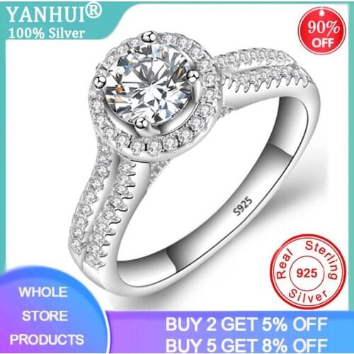 YANHUI 1 Carat Lab Diamond Engagement Ring Double Row Cubic Zircon 925 Silver Rings Anniversary Wedding Rings Silver 925 Jewelry