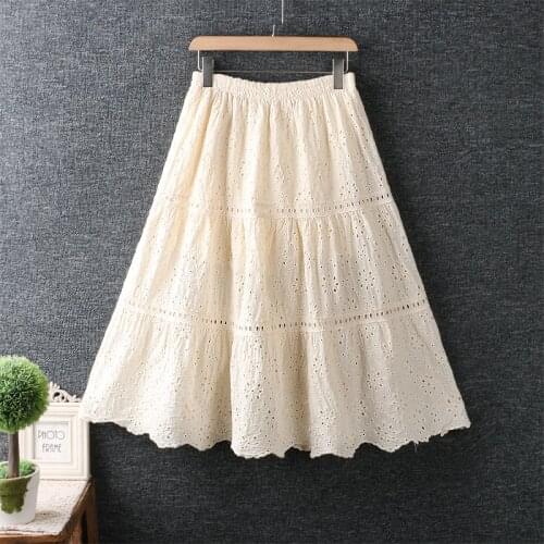 New Summer Women Literature Elastic Waist Hollow out Skirt Embroidery Cotton and linen Solid Color Skirt Women