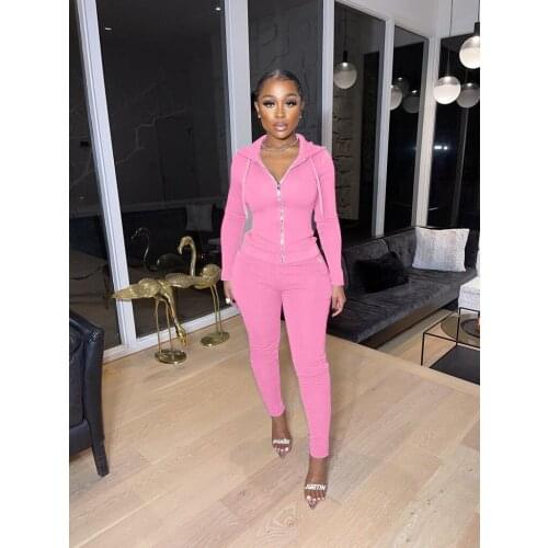 Hooded Two Piece Sets Casual Women Solid Color Long Sleeve Zipper Hoodies Top Skinny Sweat Pants Outfits Sportswear Tracksuit