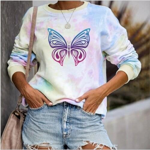 Tie-dye butterfly print Sweatshirt Women Autumn Winter O Neck Pullover Casual Vintage Street Style Hoodie 2021