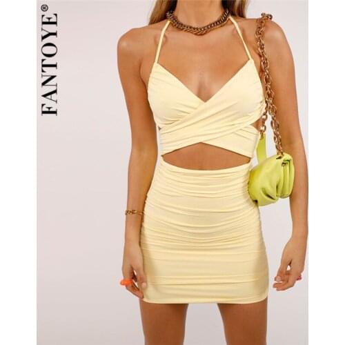 Fantoye Backless Criss-cross Strapless Women Dress Orange Sexy Hollow Out Lace Up Ladies Dresses Summer Skinny Ruched Partywear