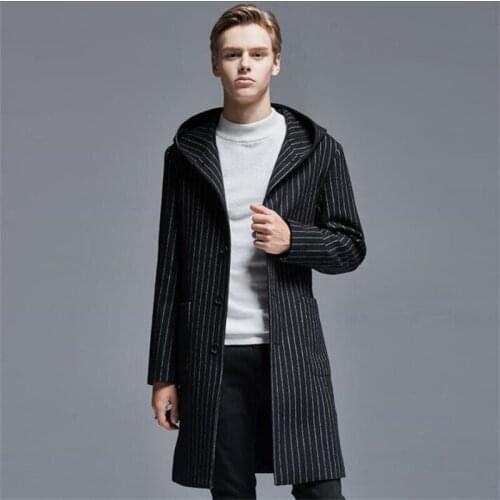Winter woolen coat mens European American simple hooded slim fashion urban black striped single-breasted mid-length coats
