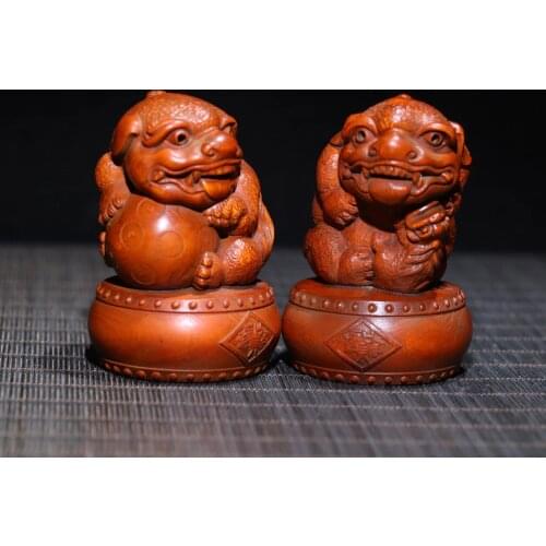 3" China Lucky Old Boxwood Hand-carved brave troops statue A pair Guard poodle Ornaments Town House Exorcism