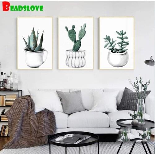 Diamond Painting Cross Stitch Triptych Green Plant Cactus Full Square Diamond Embroidery Mosaic Rhinestones Art Gift 3 Pc Set