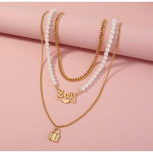 1PC Women Multilayer Lock Pendant Pearl Chain Necklace Ladies Collar Sweater Metal Chain Necklace Party Jewelry Girls Gift