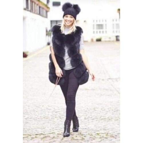 Black color 5 ROWS Genuine fox fur vest women winter real fox fu