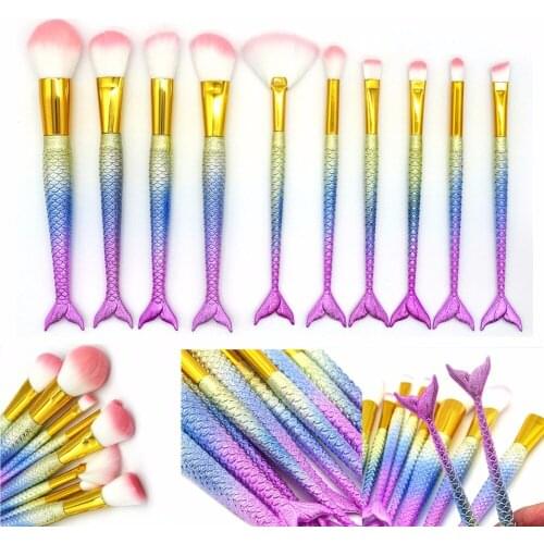 FOEONCO 10Pcs Pink Hair Mermaid Makeup Brushes Eyebrow Eyeliner Blush Blending Contour Foundation Cosmetic Make Up Fish Brush