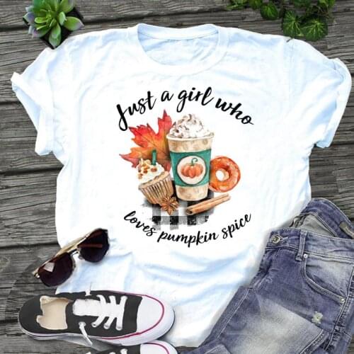 Fall Autumn Coffee Graphic Tees Women Spice Pumpkin Halloween 2021 Thanksgiving Cartoon Print Female Clothes Tops Tshirt T-Shirt