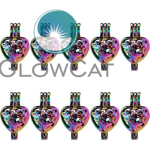 GLOWCAT 10x C617 Rainbow Color Heart Butterfly Beads Cage Jewelry Making Essential Oil Diffuser Pearl Cage Locket Pendant