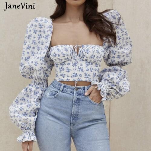 JaneVini 2021 Bohemian White Floral Women Short Blouse Square Neck Flared Long Sleeve Backless Spring Casual Ladies Printed Tops