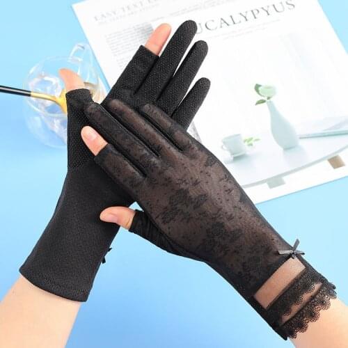 Summer Women UV Sunscreen Short Cycling Sun Gloves Thin Ice Silk Lace Exposed Fingers Touch Screen Viscose Driving Gloves J93