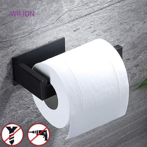 1Pcs No Drilling Matt Black Toilet Paper Holder With Self Adhesive Tape Bathroom Accessory Stainless Steel Bath Holder