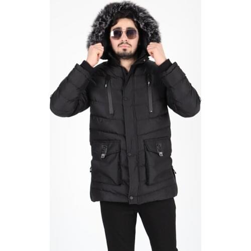 MUSD LİFE Male Black Slim Fit Inflatable Hooded Furry Coats MD9004