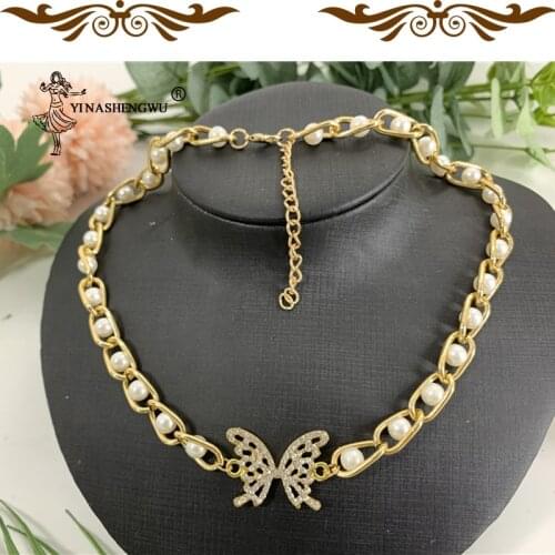 Fashion Trend Hip-Hop Miami Charm Butterfly Necklace Inlaid With Pearl Necklace Thick Chain Necklace Womens Jewelry Party Gift