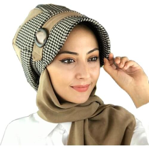Islamic Fashion Muslim Women Hijab 2021 Trend Single Size Bathing Cap Beret Ready Shawl Scarf Buckle Hat Brown Pattern Hijab Hat