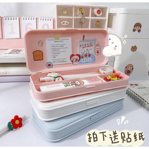 Cartoon Double-layer Stationery Box Plastic Box Primary School Girl Children Pencil Box Storage Box School Office Supplie