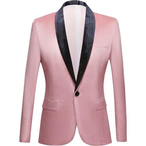 Men Autumn Winter Pink Shiny Velvet Blazer Fashion Leisure Slim Suit Jacket Wedding Groom Singers Prom Party Men Clothing