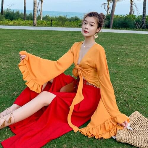 Solid Sexy Beach Deep V-Neck Fashion Full Sleeve Long Pants 2021 Bandage Women Sexy High 2 piece Women Set New s1144