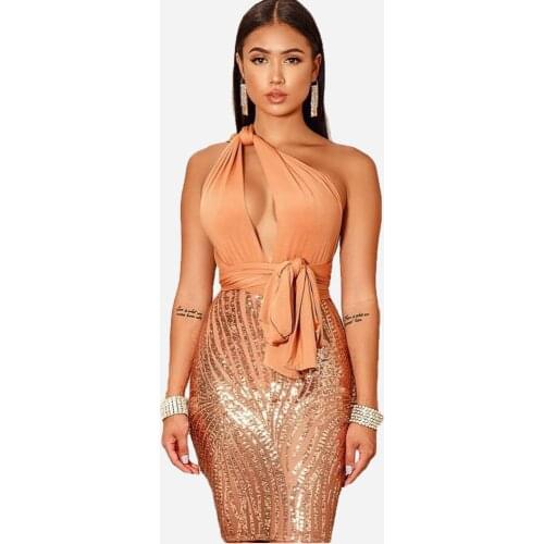 Orange Dress 2021 Womens Sleeveless Deep V Sequins Nightclub Fish-Tail Dress Glitter Clothing Robe Orange Sparkly Dress