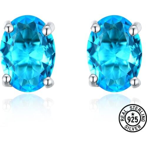 Real 925 Sterling Silver Earrings For Women Created Gemstone Blue Topaz Simple Solitaire Stud Earrings Delicate Fine Jewelry