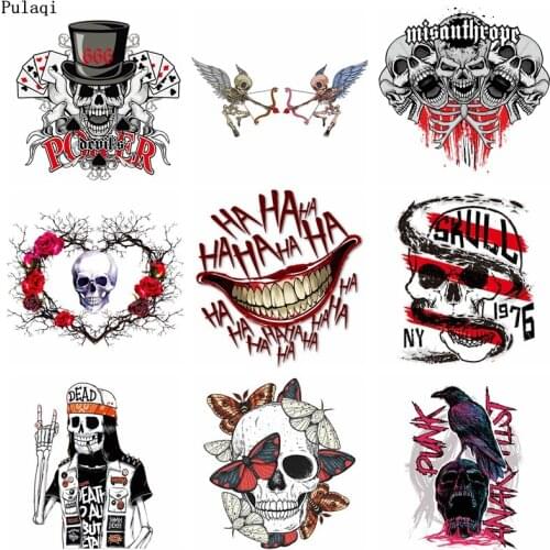 Pulaqi Punk Skull Heat Transfer Patches For Clothes Iron On Transfer Vinyl DIY Stripe PVC Patch Sticker Stranger Things Applique