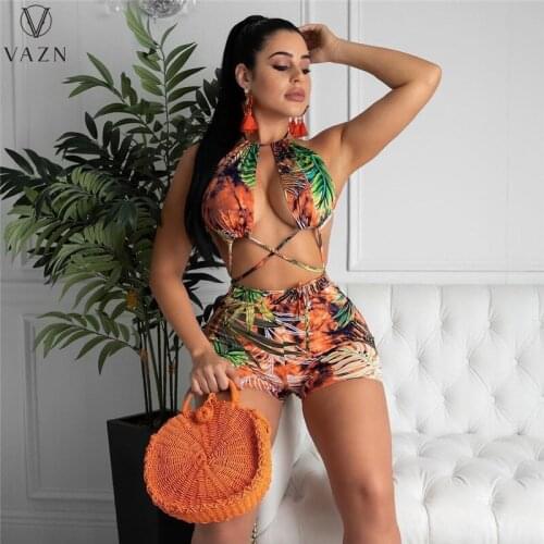 VAZN 2021 New Backless Open Bikini Swimming Print Shinny Set Top Short Pant Sexy Young High Waist Skinny Women 2 Piece Set
