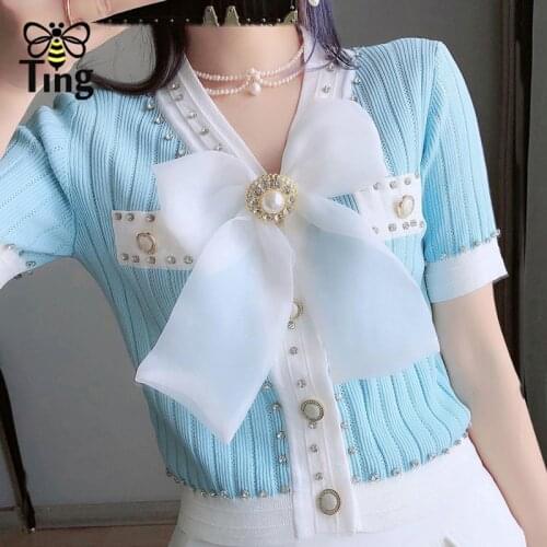 Tingfly Summer Fashion Crystal Button Knot Decor Knitting Short Tees Casual Streetwear Knitwear Zaful Knit Tops Pullovers Y2K