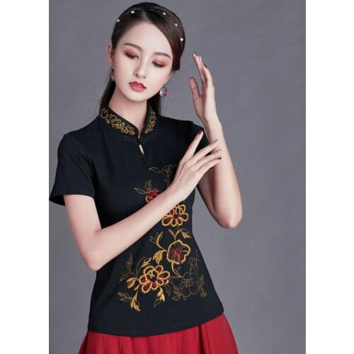 Cheongsam Womens Plus Size Tops 2021 Summer Cotton Embroidery Stand Collar Short Sleeves Chinese Qipao Skinny Retro Shirts Woman