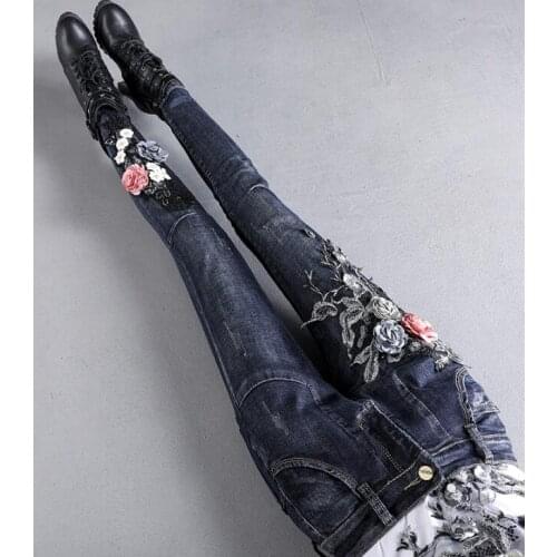 Womens Korean Fashion Flower embroidery Slim Jeans Female Sexy sequins paillette Beaded Jeans Plus Size long pants TB643