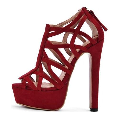 Factory Real Photo Sexy Red Suede Leather Platform Sandals Summer Hollow Out Back Zipper Peep Toe Shoes Banquet Dress High Heels