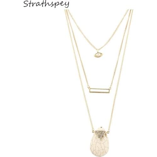 Necklace Women Boho Bijoux New Collier Femme Gold Chain Natural Stone Cream/Blue Hnadmade Stone 2 Lays Necklaces & pendants