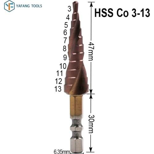 1pcs 3-13mm HSS Co M35 Spiral Groove Step Drill Bit Hex Shank Wood Metal Plastic Hole Cutter Core Drill Bit Power Tools