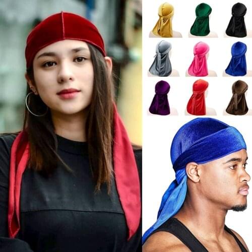 2021 Unisex Long Men Women Velvet Breathable Bandana Hat Durag do doo du rag long tail headwrap chemo cap Solid Color Headwear