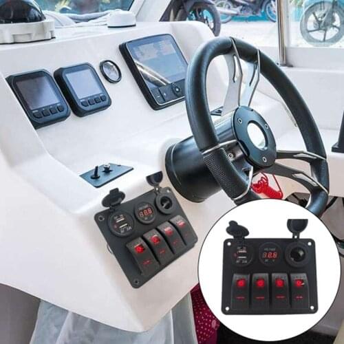 4 Gang 12-24V Rocker Switch Panel with 3.1A Dual USB Charger Digital Voltmeter Waterproof for Car Marine Boat Yacht