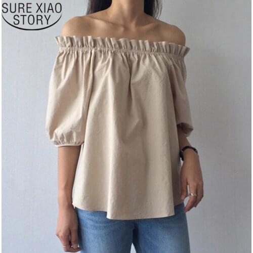 2021 Early Spring and Summer New Elegant Korean Solid Color Casual Top Off-shoulder Cotton and Linen Short Sleeve Blouse 8790 50