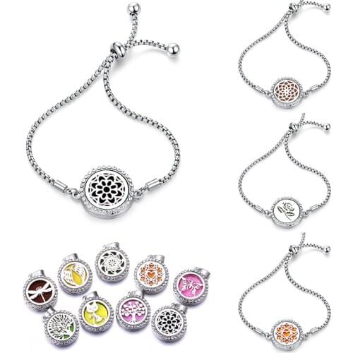Vintage Aromatherapy Essential Oil Diffuser Bracelet Adjustable Crystal Stainless Steel Zircon Perfume Locket Women Gift