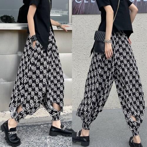 Street Harun pants ladies summer lightweight elastic high waist wide leg pants printed floral bouquet foot casual pants