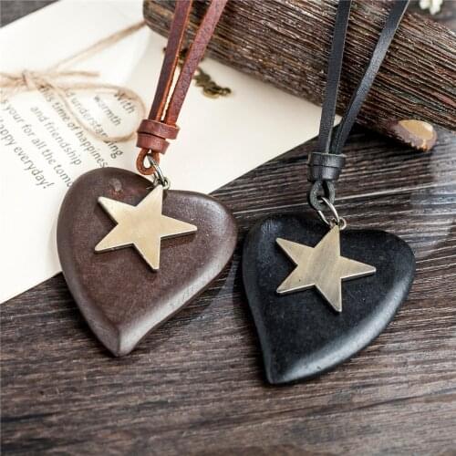 Wood Heart Star Pendants Punk Women Jewelry Statement necklaces & pendants kolye Vintage Long Leather Necklace Men collier femme