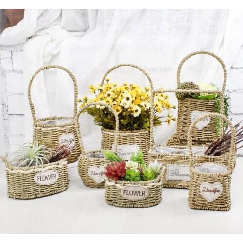 European Creative Portable Flower Basket Wicker Straw and Rattan Woven Basket Flower Arrangement Hand-Woven Blue