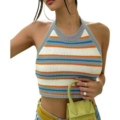 Hirigin 2021 Summer Women Halter Neck Y2K Tank Tops Stylish Sexy Sleeveless Color Striped Print Tie Knot Back Knit Crop Tops