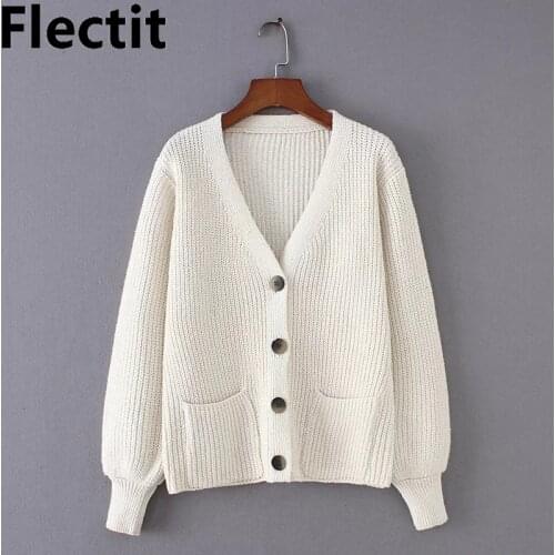 Flectit Cozy Ribbed Knit Cardigan Women V-neck Front Pocket Button Down Dropped Long Sleeve Korean Casual Chic Winter Tops