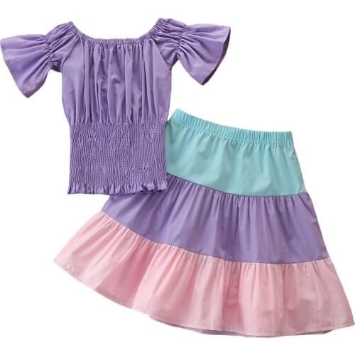 OPPERIAYA Baby Girls Clothing Set off shoulder solid Breathable Short Sleeve Tops and Skirts Two-piece Summer lovely Suit